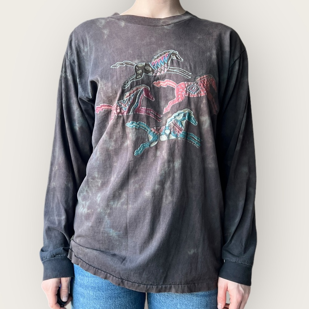 Vintage Brown Tie Dye Long Sleeve Horse Shirt 
Size L